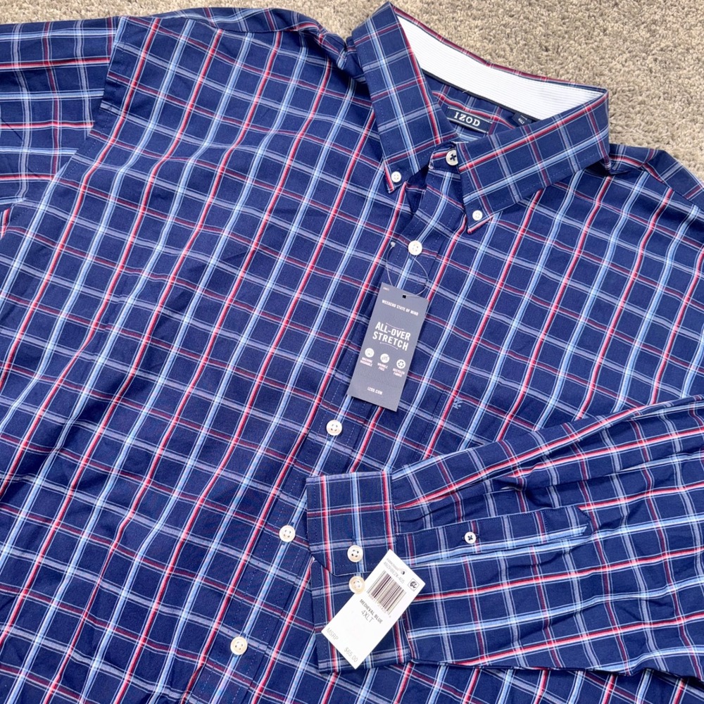IZOD Weekend State of Mind Shirt Mens Stretch Plaid Blue 4XLT NEW